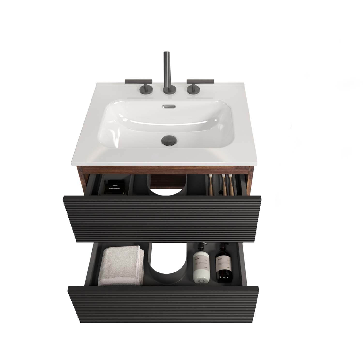 Wall Mounted Soft Black & -Walnut Bathroom Vanity with Integrated Ceramic Sink - Overflow, with 3 holes (4)
