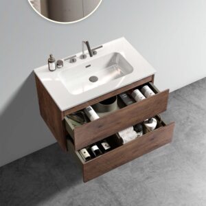 30 inch pre-assembled walnut bathroom vanity - E1 grade boards & handle-free design