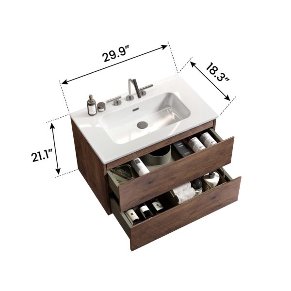 Walnut-Bathroom Vanity - Ceramic Sink -three faucet holes (3)