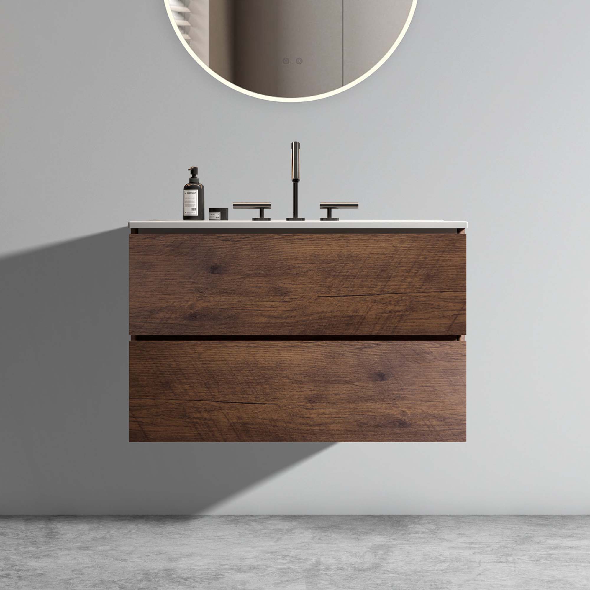 Walnut-Bathroom Vanity - Ceramic Sink -three faucet holes (6)