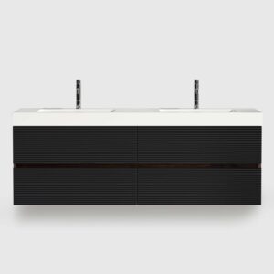 Modern 60 inch floating bathroom vanity, wall mounted double sink with 4 drawers and black grille panel