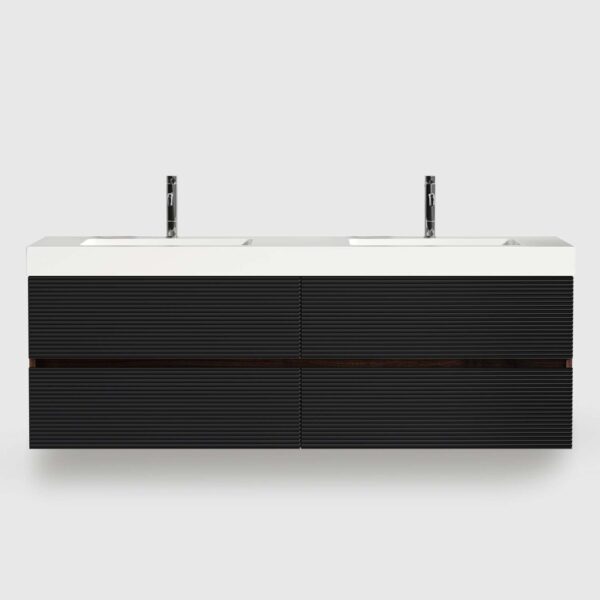 Modern 60 inch floating bathroom vanity, wall mounted double sink with 4 drawers and black grille panel