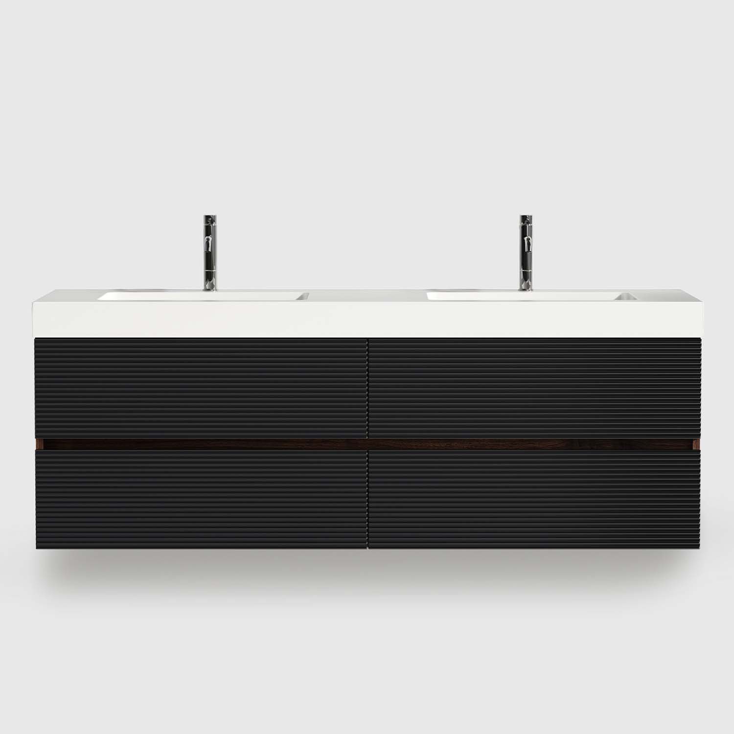 Modern 60 inch floating bathroom vanity, wall mounted double sink with 4 drawers and black grille panel