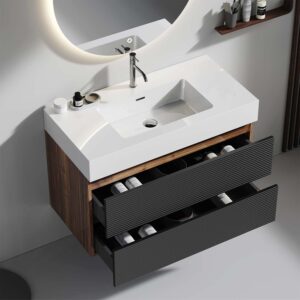 36 inch bathroom vanity with sink, walnut finish with double soft black drawers and wall-mounted design