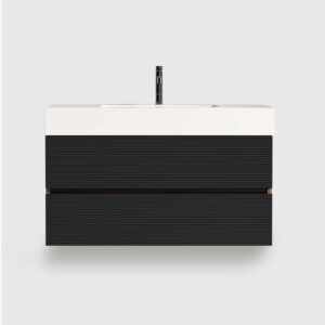 36 inch bathroom vanity with sink, walnut finish with double soft black drawers and wall-mounted design