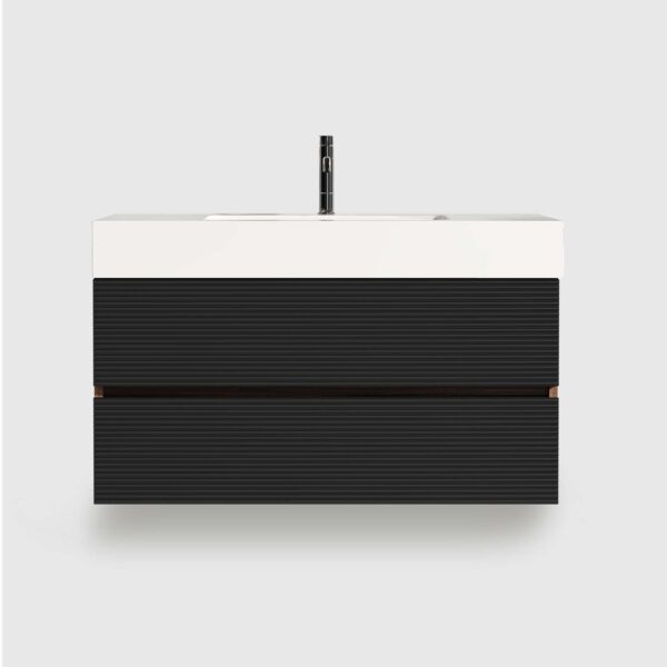 36 inch bathroom vanity with sink, walnut finish with double soft black drawers and wall-mounted design