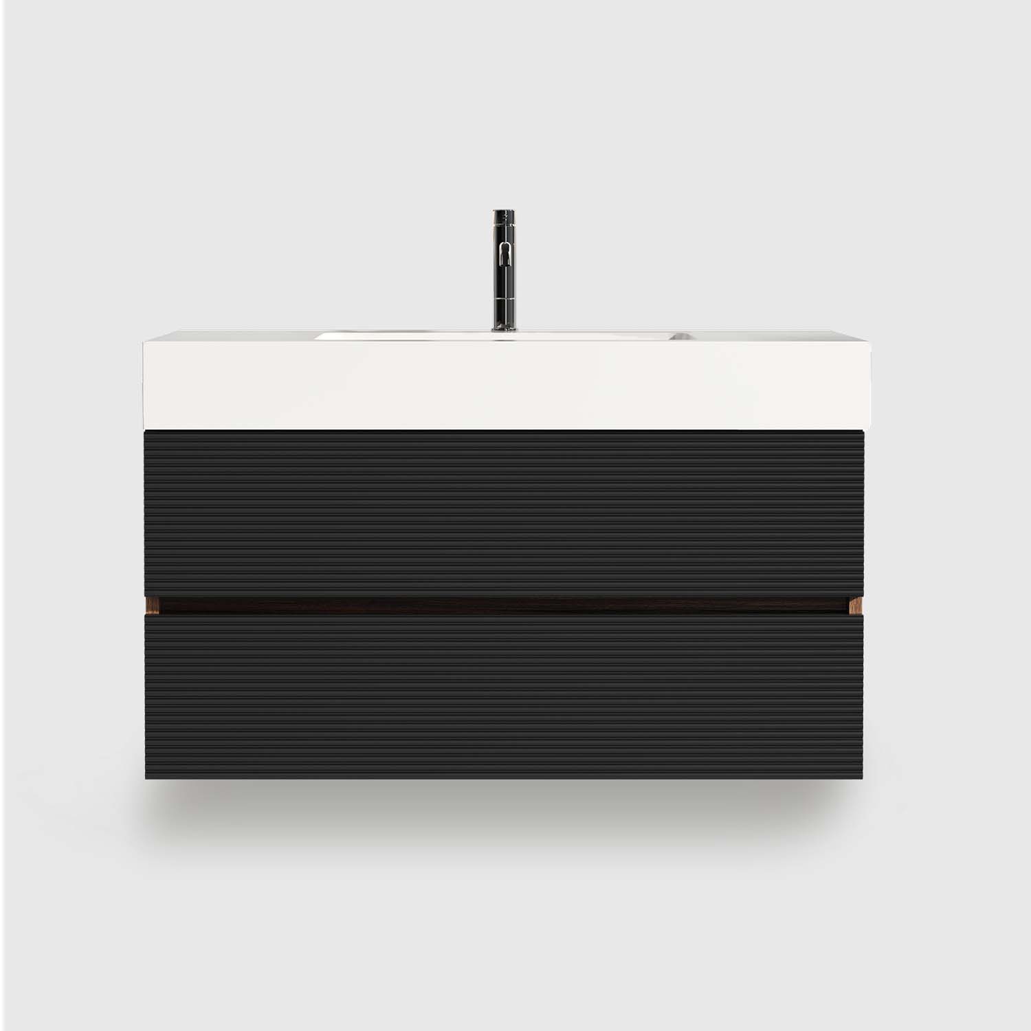 36 inch bathroom vanity with sink, walnut finish with double soft black drawers and wall-mounted design