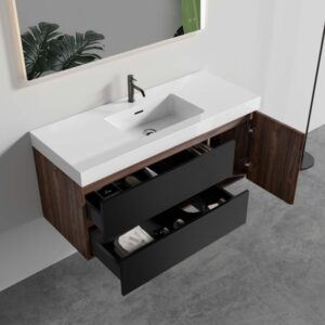 48 inch bathroom vanity with sink, walnut floating wall mounted vanity with glossy white solid surface basin
