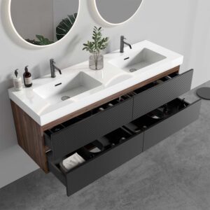 Modern 60 inch floating bathroom vanity, wall mounted double sink with 4 drawers and black grille panel