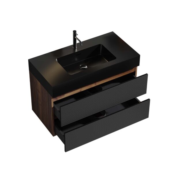 Walnut -Bathroom Vanity - Matt Black Engineered Quartz Sink-Soft Black Drawers (1)