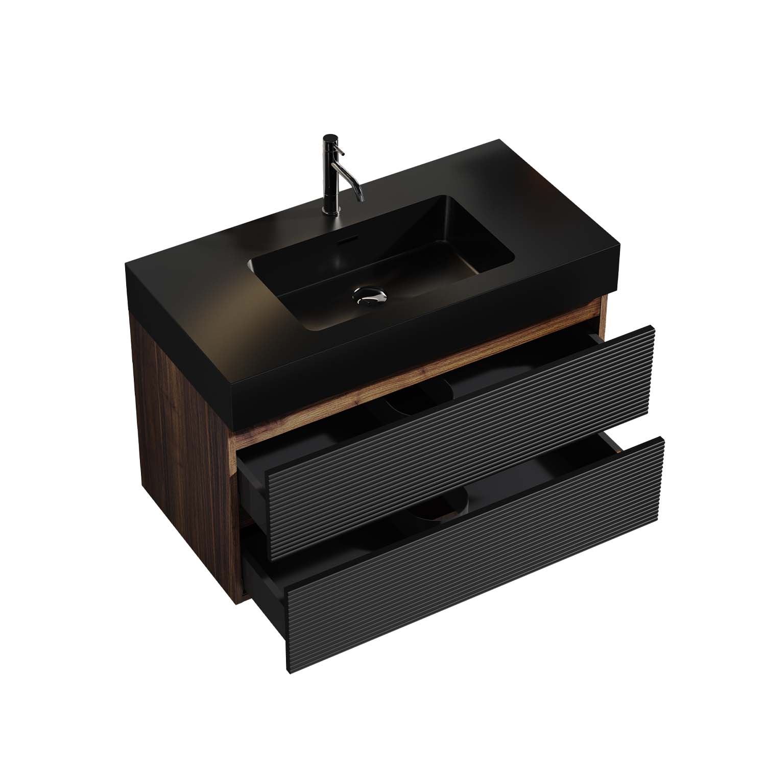 Walnut -Bathroom Vanity - Matt Black Engineered Quartz Sink-Soft Black Drawers (1)