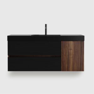 48 inch bathroom vanity with sink, pre-assembled walnut floating vanity with matt black quartz basin