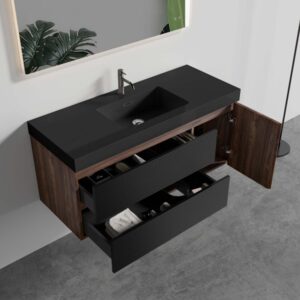 48 inch bathroom vanity with sink, pre-assembled walnut floating vanity with matt black quartz basin