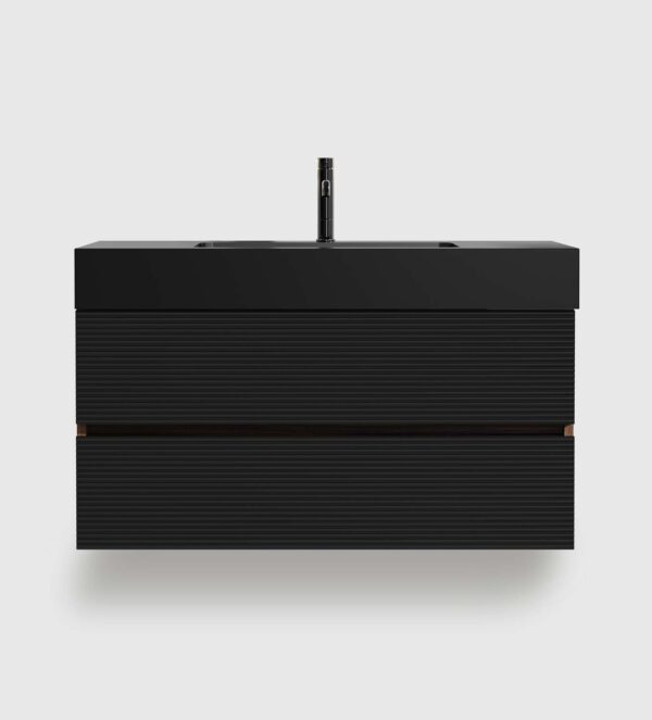 Walnut -Bathroom Vanity - Matt Black Engineered Quartz Sink-Soft Black Drawers (3) 36 inch bathroom vanity with sink, walnut floating wall mounted vanity with matt black quartz basin