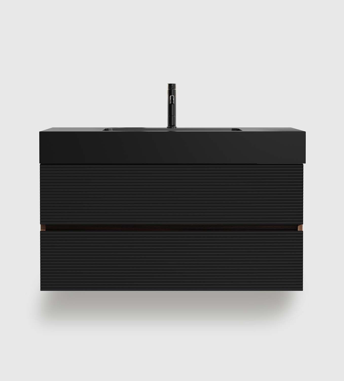 Walnut -Bathroom Vanity - Matt Black Engineered Quartz Sink-Soft Black Drawers (3) 36 inch bathroom vanity with sink, walnut floating wall mounted vanity with matt black quartz basin