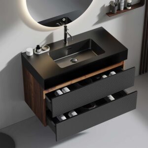 36 inch bathroom vanity with sink, walnut floating wall mounted vanity with matt black quartz basin