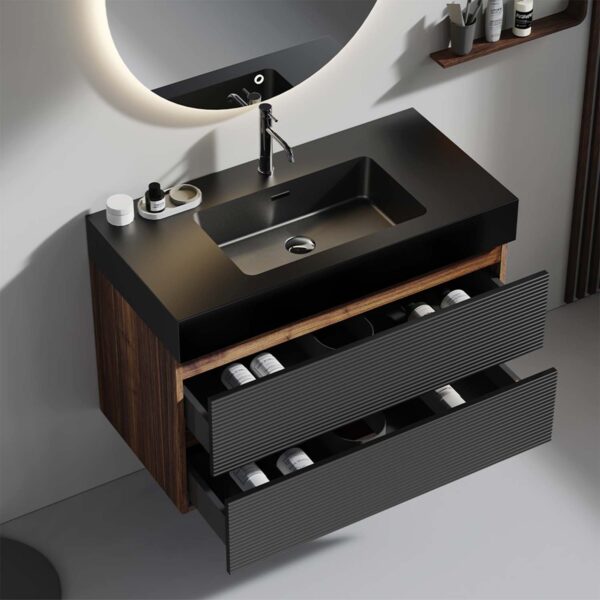 Walnut -Bathroom Vanity - Matt Black Engineered Quartz Sink-Soft Black Drawers (4)