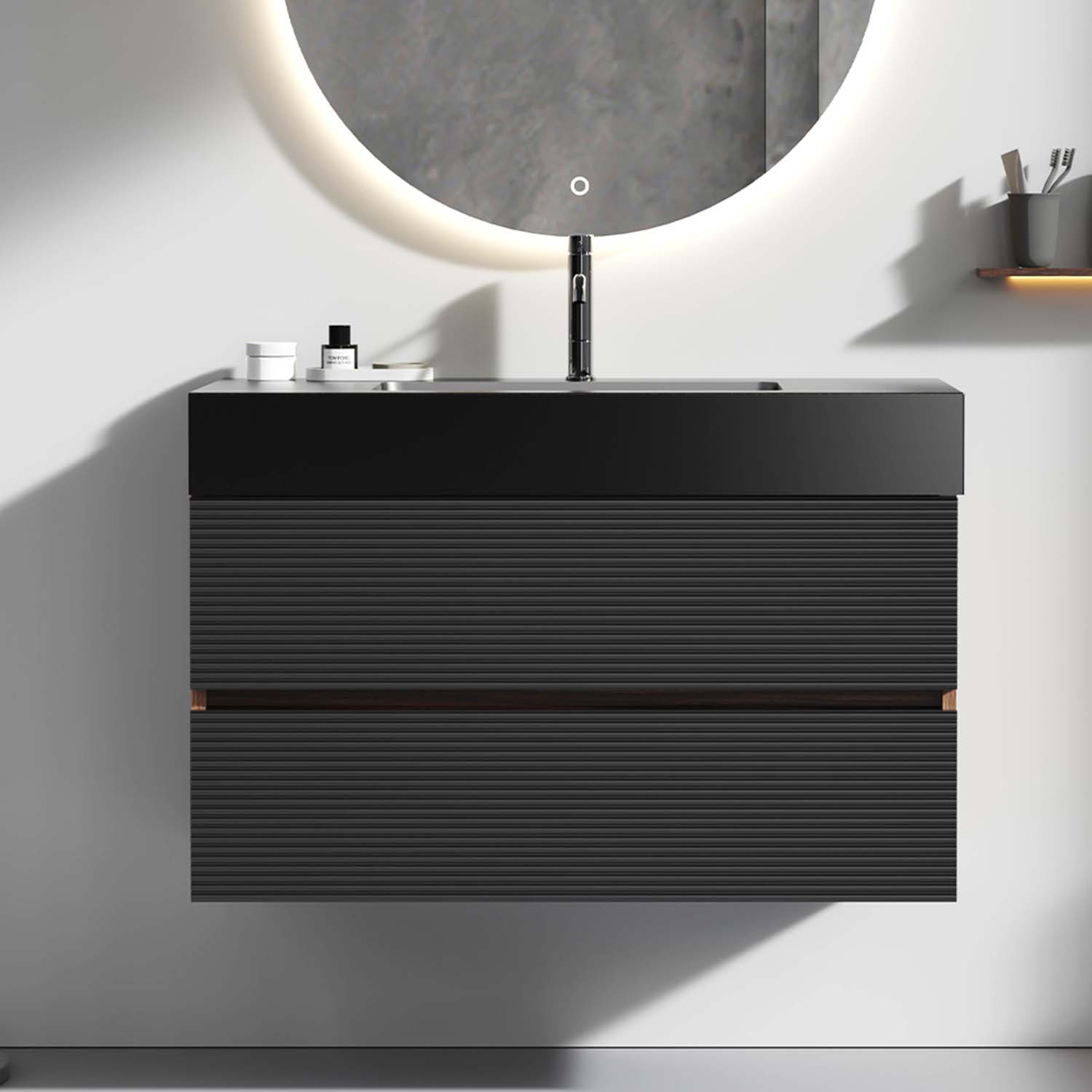 Walnut -Bathroom Vanity - Matt Black Engineered Quartz Sink-Soft Black Drawers (5)