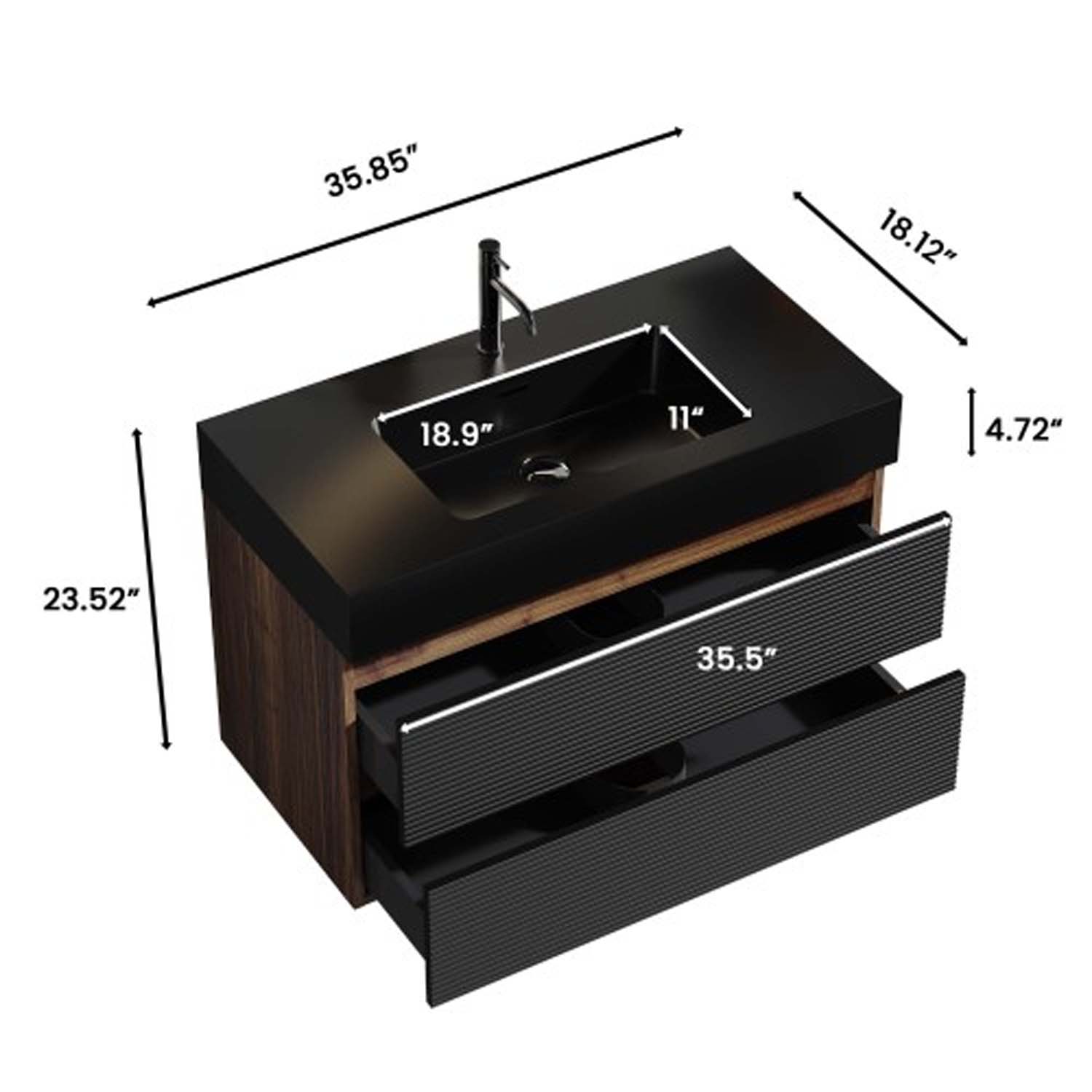 Walnut -Bathroom Vanity - Matt Black Engineered Quartz Sink-Soft Black Drawers (6)