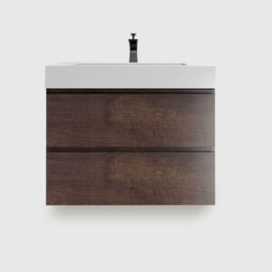 30 inch walnut floating bathroom vanity with sink, wall mounted pre-assembled vanity, maximized storage eco-friendly handle-free vanity, white basin no drain faucet