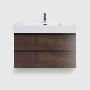 36 inch walnut floating bathroom vanity with sink, wall mounted pre-assembled vanity, large maximized storage handle-free vanity, white one-piece basin no drain faucet, eco-friendly
