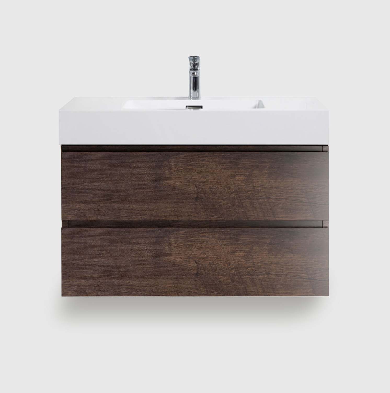 36 inch walnut floating bathroom vanity with sink, wall mounted pre-assembled vanity, large maximized storage handle-free vanity, white one-piece basin no drain faucet, eco-friendly