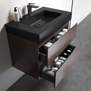 30 inch walnut floating bathroom vanity with sink, wall mounted pre-assembled bathroom vanity, ample storage soft-closing drawers black basin no drain faucet, eco-friendly handle-free vanity