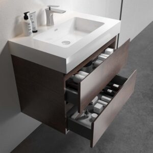 30 inch walnut floating bathroom vanity with sink, wall mounted pre-assembled vanity, maximized storage eco-friendly handle-free vanity, white basin no drain faucet