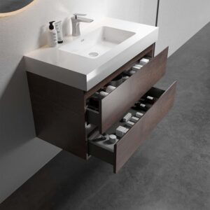 36 inch walnut floating bathroom vanity with sink, wall mounted pre-assembled vanity, large maximized storage handle-free vanity, white one-piece basin no drain faucet, eco-friendly