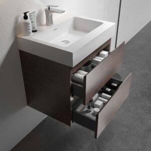 24 inch walnut floating bathroom vanity with sink, wall mounted pre-assembled vanity, large storage handle-free eco-friendly vanity, white one-piece basin no drain faucet