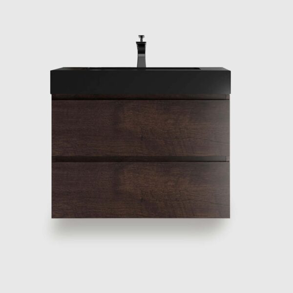 Walnut-Bathroom Vanity with Sink (5) 30 inch walnut floating bathroom vanity with sink, wall mounted pre-assembled bathroom vanity, ample storage soft-closing drawers black basin no drain faucet, eco-friendly handle-free vanity