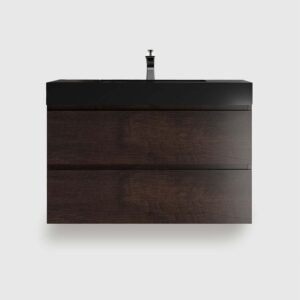 36 inch walnut floating bathroom vanity with sink, wall mounted pre-assembled bathroom vanity, spacious storage soft-closing drawers black one-piece basin no drain faucet, eco-friendly handle-free vanity