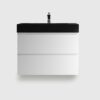 30 inch floating bathroom vanity with white cabinet and black sink, modern wall hung vanity unit for contemporary bathroom