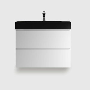 30 inch floating bathroom vanity with white cabinet and black sink, modern wall hung vanity unit for contemporary bathroom