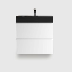 Alice 24 inch white floating bathroom vanity with black sink, modern wall mounted bathroom cabinet for small space