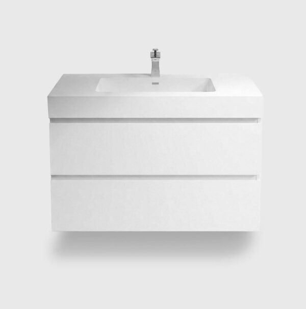 36 inch white floating bathroom vanity with sink, wall mounted pre-assembled bathroom vanity, large storage soft-closing drawers E1 grade eco-friendly vanity cabinet, one-piece basin no drain faucet