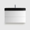 36 inch wall mounted bathroom vanity with white finish and black vessel sink, modern double storage floating vanity