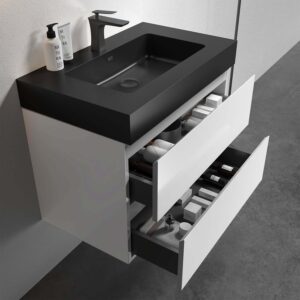 30 inch floating bathroom vanity with white cabinet and black sink, modern wall hung vanity unit for contemporary bathroom