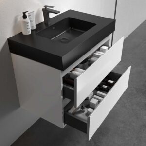 36 inch wall mounted bathroom vanity with white finish and black vessel sink, modern double storage floating vanity
