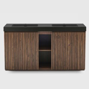 60 inch Winston Walnut double sink bathroom vanity with sink, freestanding modern bathroom vanity cabinet, black quartz sink basin no drain faucet, large storage adjustable shelves