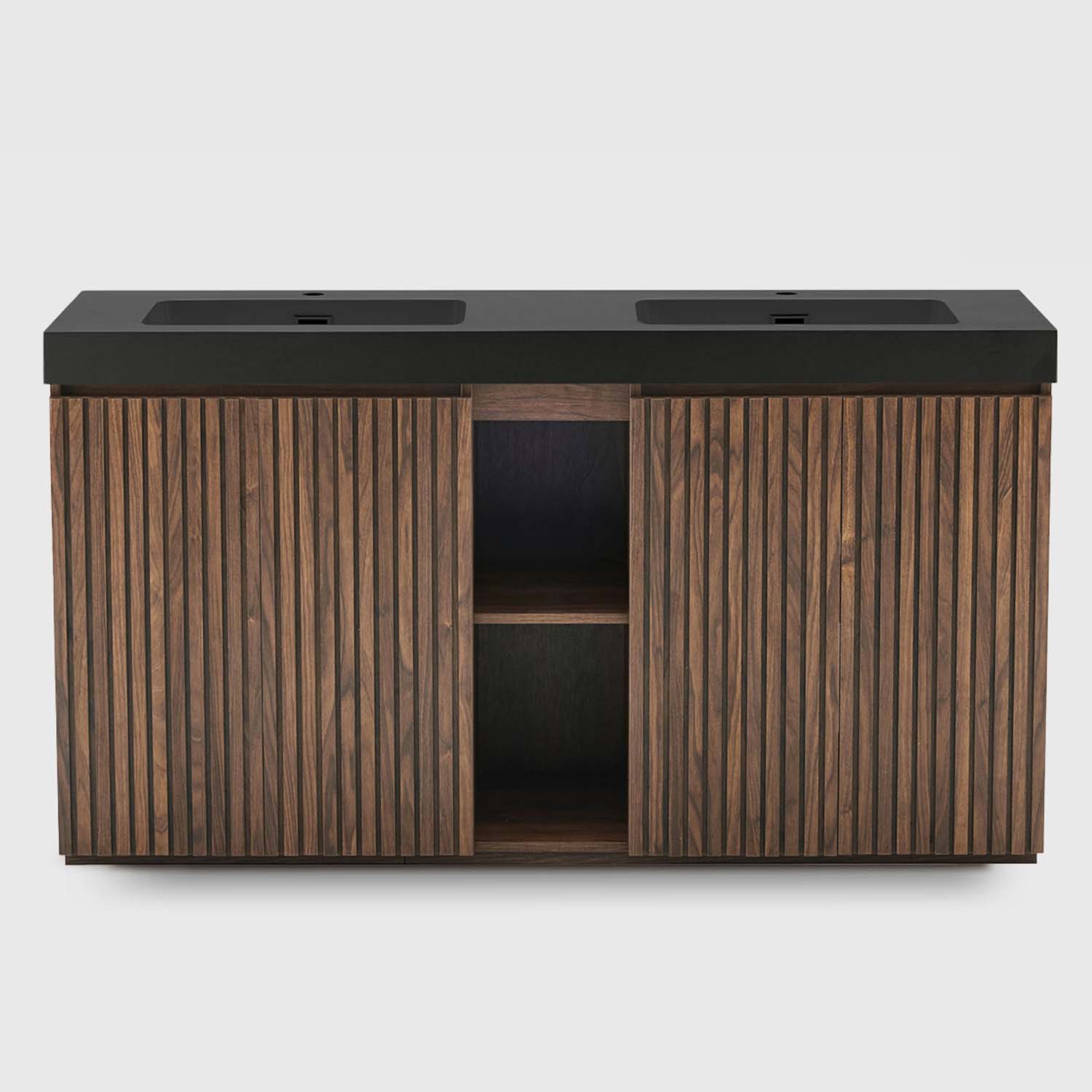 Winston Walnut Bathroom Vanity -Sink-Large Storage Freestanding Bathroom Vanity -Modern Bathroom (1) 60 inch Winston Walnut double sink bathroom vanity with sink, freestanding modern bathroom vanity cabinet, black quartz sink basin no drain faucet, large storage adjustable shelves