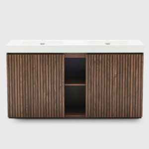 60 inch Winston Walnut double sink bathroom vanity with sink, freestanding modern bathroom vanity cabinet, white quartz sink basin no drain faucet, large storage adjustable shelves