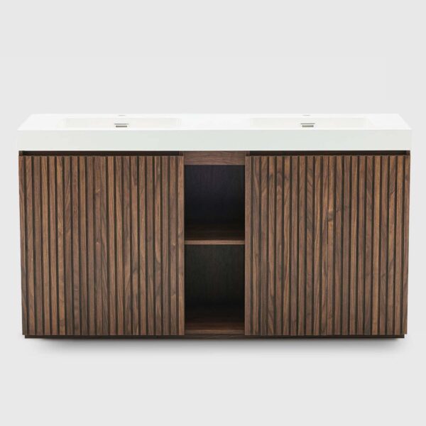 60 inch Winston Walnut double sink bathroom vanity with sink, freestanding modern bathroom vanity cabinet, white quartz sink basin no drain faucet, large storage adjustable shelves