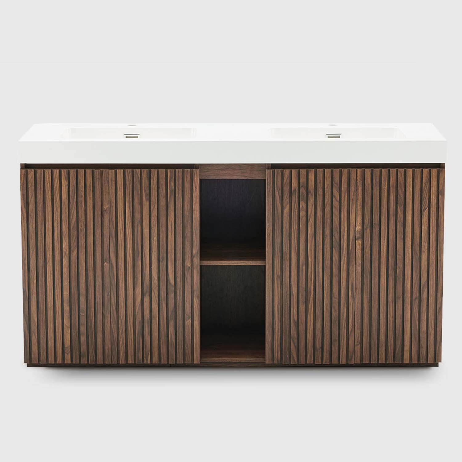 60 inch Winston Walnut double sink bathroom vanity with sink, freestanding modern bathroom vanity cabinet, white quartz sink basin no drain faucet, large storage adjustable shelves