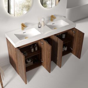 60 inch Winston Walnut double sink bathroom vanity with sink, freestanding modern bathroom vanity cabinet, white quartz sink basin no drain faucet, large storage adjustable shelves