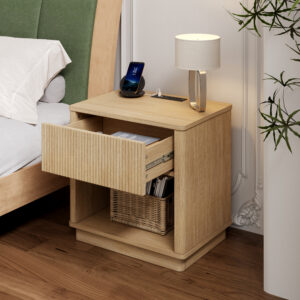 Light wood ribbed nightstand with open storage shelf, wireless charging station, and built-in USB power outlets in a modern bedroom setting