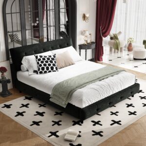Black velvet tufted queen size platform bed frame with adjustable headboard, wooden slat support bed