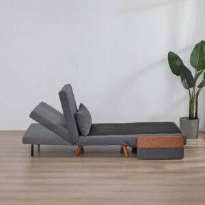 Convertible gray sofa chair bed with product size dimensions, shown in both chair and bed positions with 265 lbs weight capacity