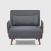 Convertible gray sofa chair bed with product size dimensions, shown in both chair and bed positions with 265 lbs weight capacity