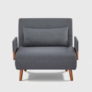 Convertible gray sofa chair bed with product size dimensions, shown in both chair and bed positions with 265 lbs weight capacity